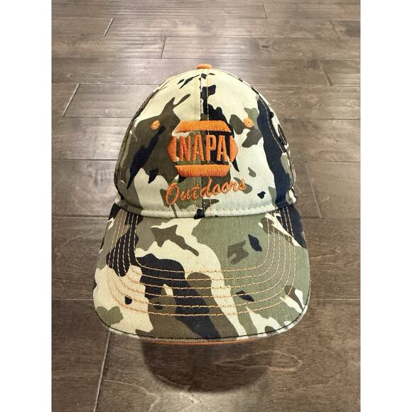 Napa Outdoors Mens Camo Auto Parts Outdoors Orange Adjustable Strapback Hat Cap - Picture 2 of 8